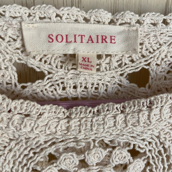 Vintage Solitaire XL Crocheted Knit Top Beige Circles Poplin Short Bubble Sleeve - Picture 3 of 11